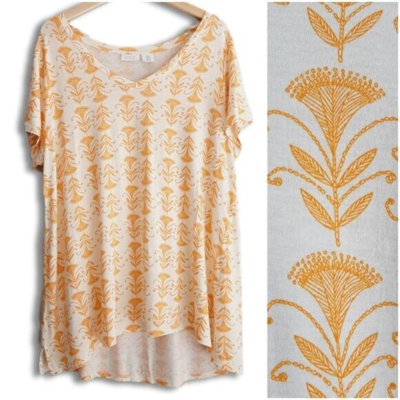 SIGRID OLSEN Floral Relaxed Fit Hi-Low V-Neck Tunic Top White & Yellow Sz 1X - Picture 1 of 10